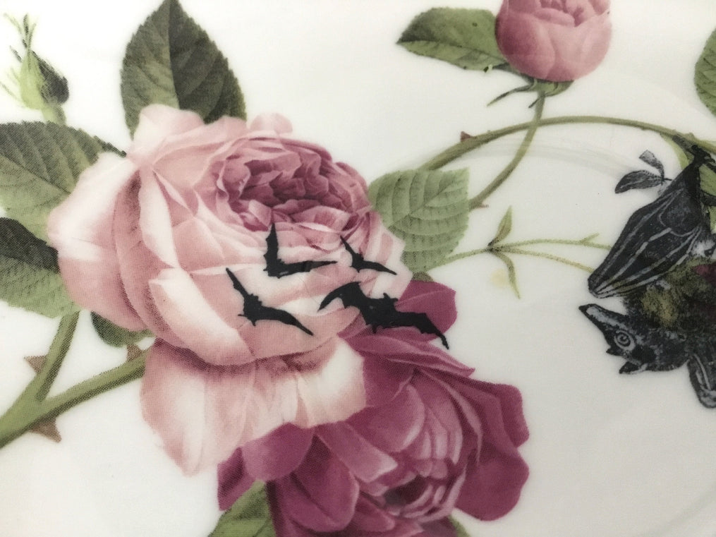 Rose Floral Hanging Bat Teacup & Saucer Set, 8 oz, Porcelain