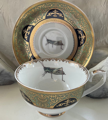 Green Striped Beetle Teacup & Saucer Set, 8 oz, Porcelain