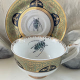 Green Striped Beetle Teacup & Saucer Set, 8 oz, Porcelain