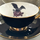 Bat on Purple Roses Teacup & Saucer Set, 8 oz, Porcelain