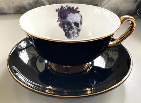 Rose Skull Teacup & Saucer Set, 8 oz, Porcelain