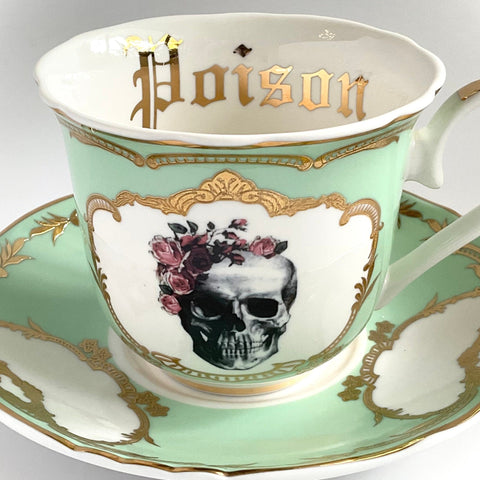 Green And Blue For Preorder - Rose Skull Teacup and Saucer Set, 8 oz, Porcelain