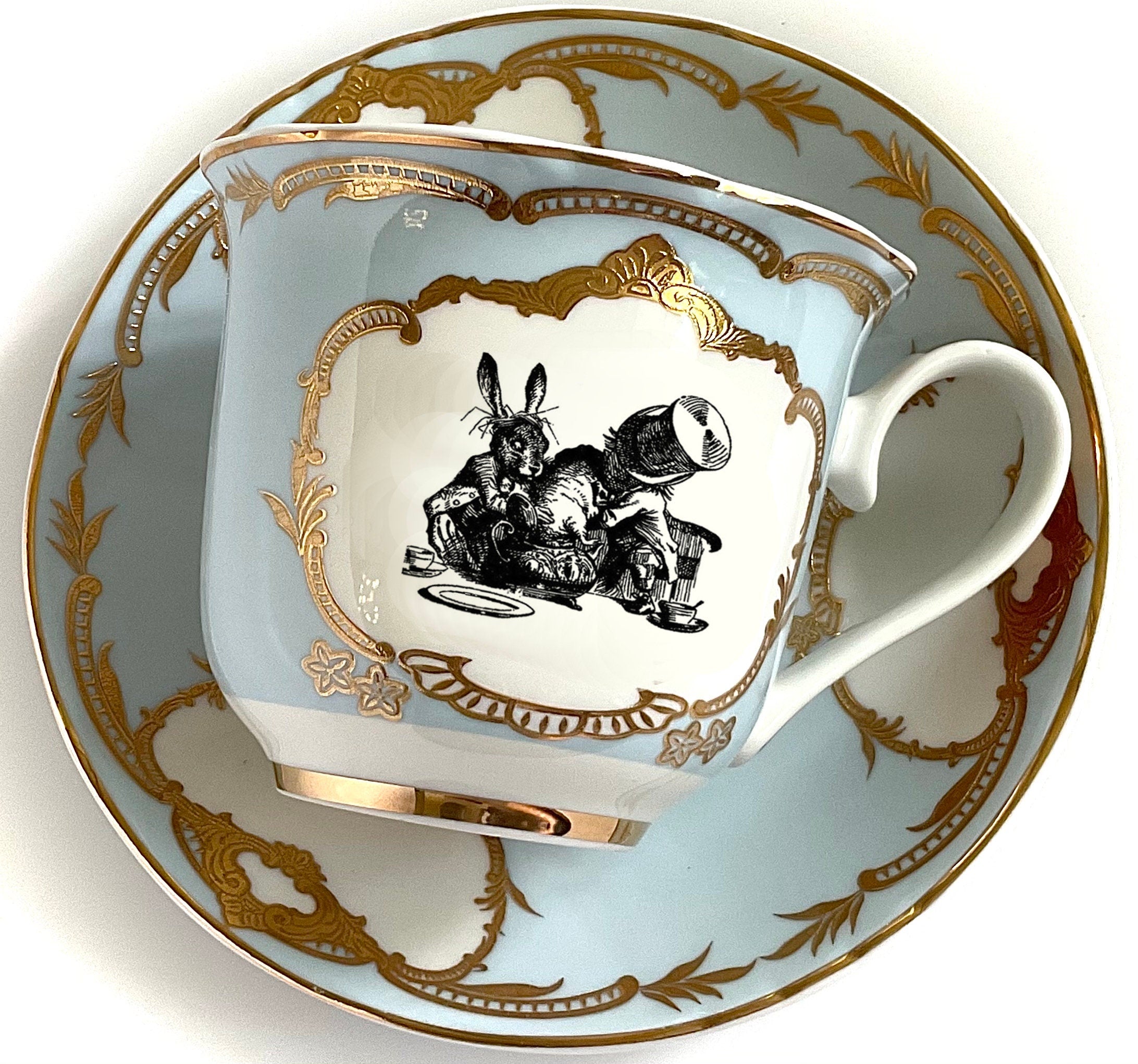 Alice in Wonderland Teacup and Saucer Set, 8 Ounces. Green, Blue or Pink  for Your Mad Hatter Tea Party 