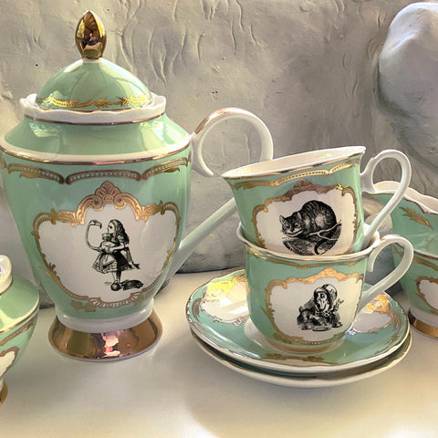 Green For Preorder -Black and white Alice in Wonderland Tea Set, vegan bone china