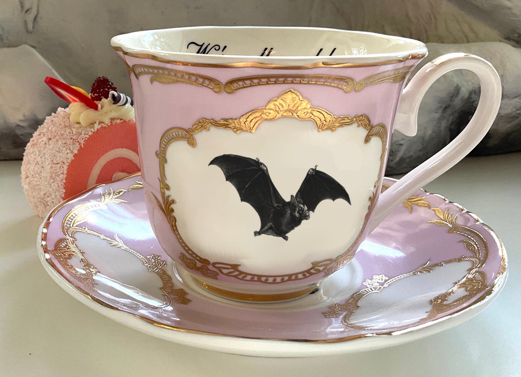 Bat Teacup & Saucer Set, 8 oz, vegan bone china