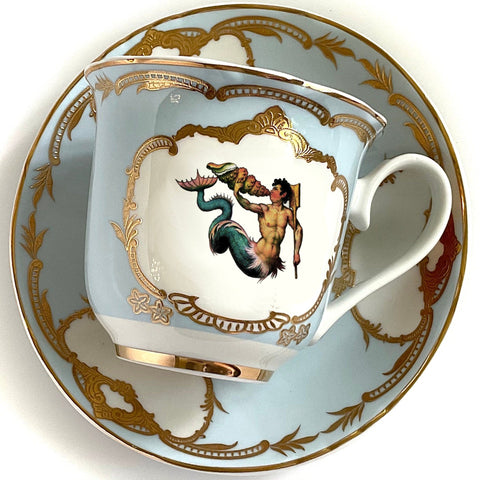 Green And Blue For Preorder - Merman Teacup & Saucer Set, 8 oz, Porcelain