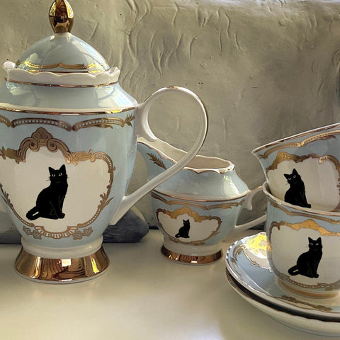 Black Cat Tea Set, vegan bone china