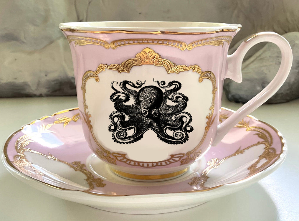 Octopus Teacup & Saucer Set, 8 oz, Porcelain