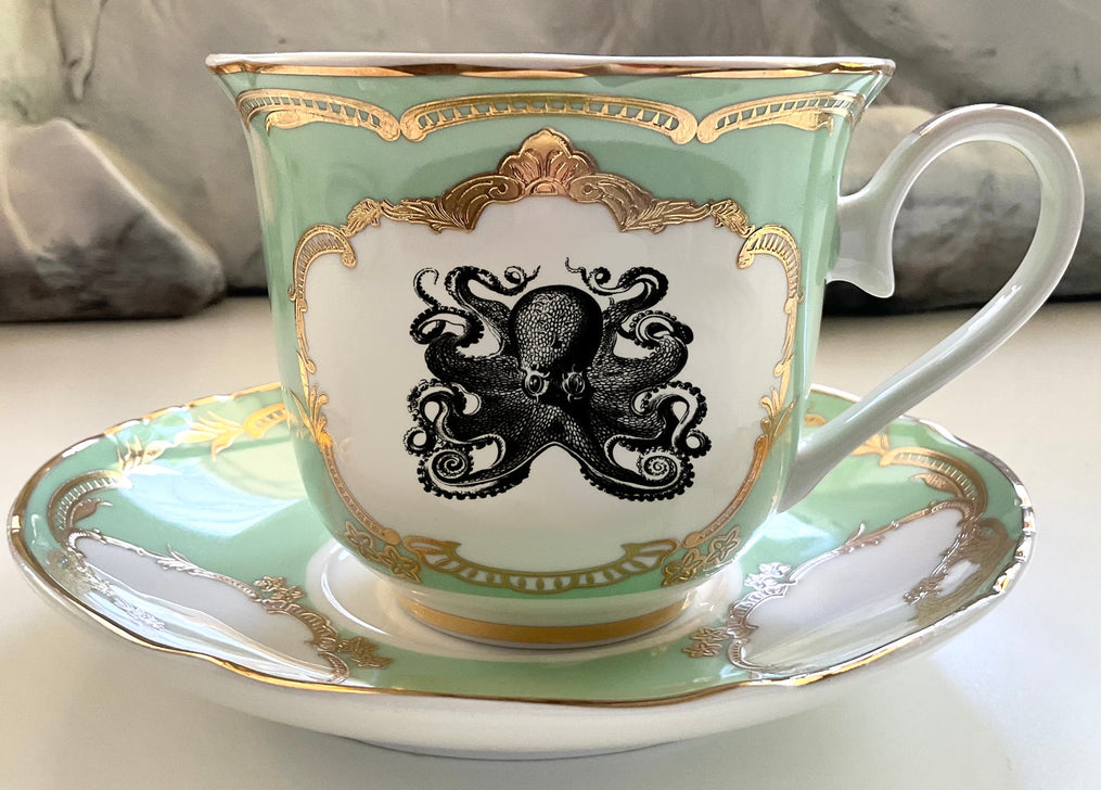 Octopus Teacup & Saucer Set, 8 oz, Porcelain