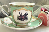 Green And Blue For Preorder - Alice in Wonderland Teacup & Saucer Set, 8 oz, Porcelain