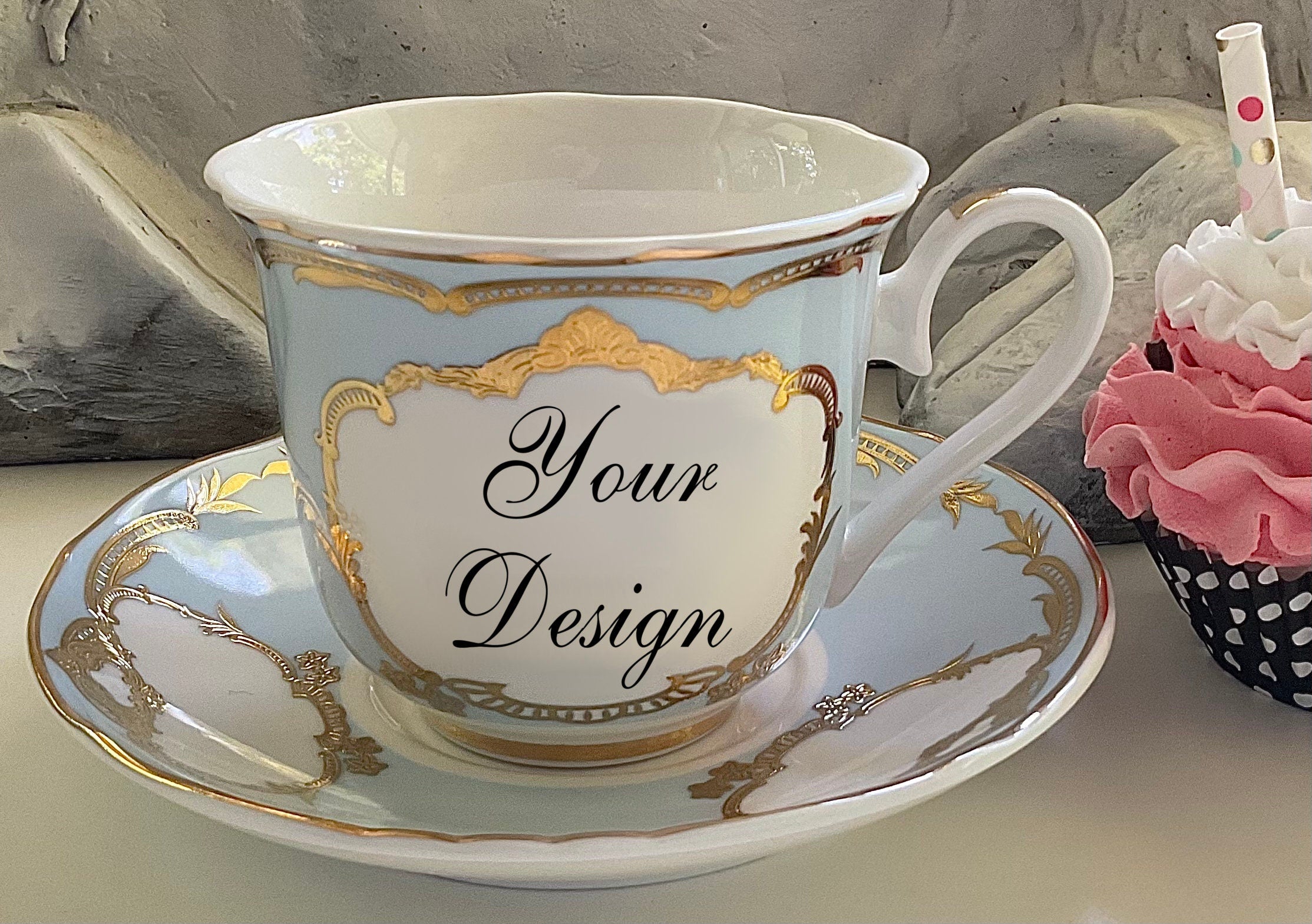 Customizable teacup & saucer set, 8 oz, vegan bone china – Angioletti  Designs