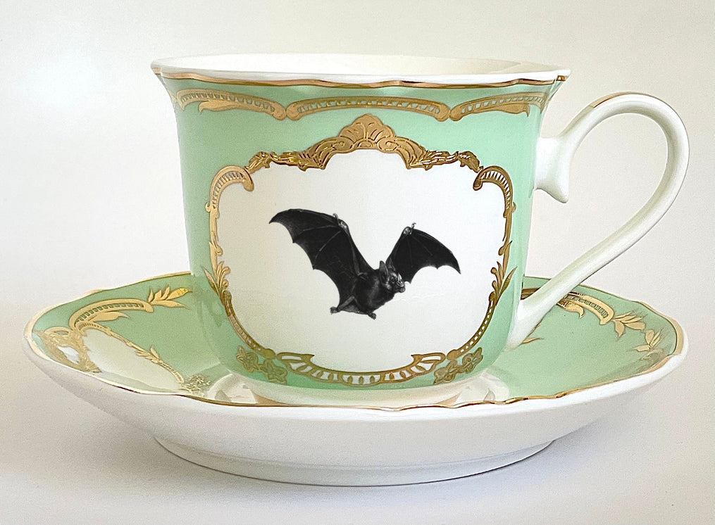 Bat Teacup & Saucer Set, 8 oz, vegan bone china