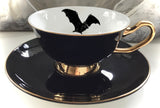 Solid black Bat Teacup & Saucer, 8 oz, Porcelain