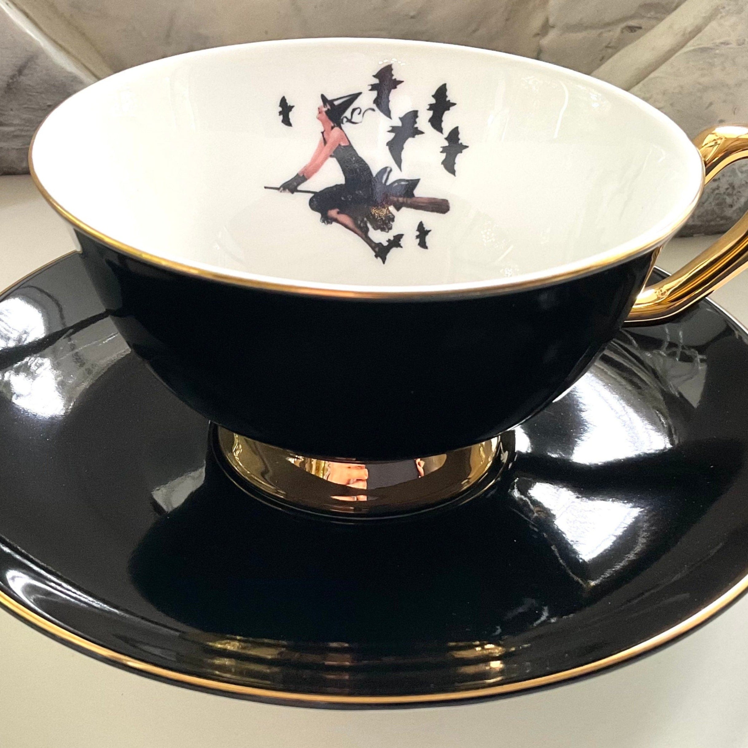 Black Witch and bats Teacup & Saucer Set, 8 oz, Porcelain