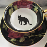 Black Rose Cat Teacup & Saucer Set, 8 oz, Porcelain