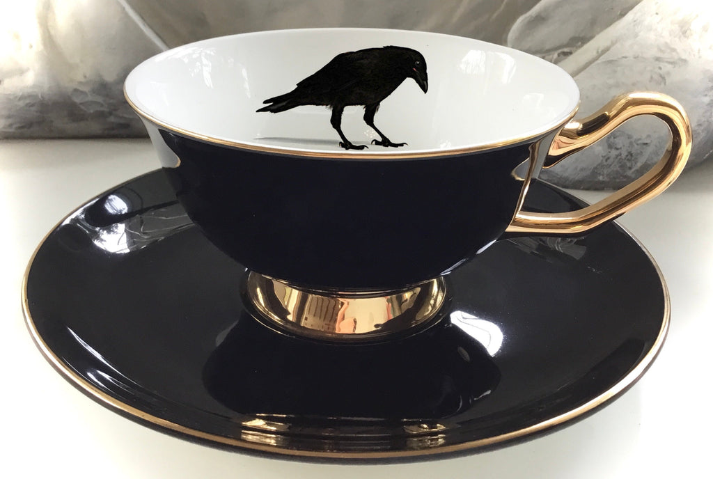Black Crow Teacup & Saucer Set, 8 oz, Porcelain – Angioletti Designs