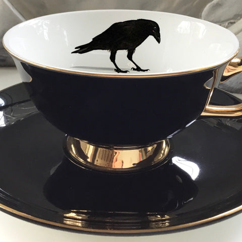 Black Crow Teacup & Saucer Set, 8 oz, Porcelain