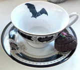 Black Bat Teacup & Saucer Set, 8 oz, Porcelain