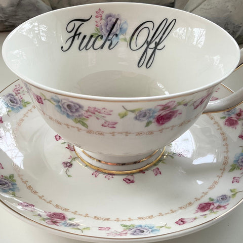 "Fuck Off" Teacup & Saucer Set, 8 oz, porcelain