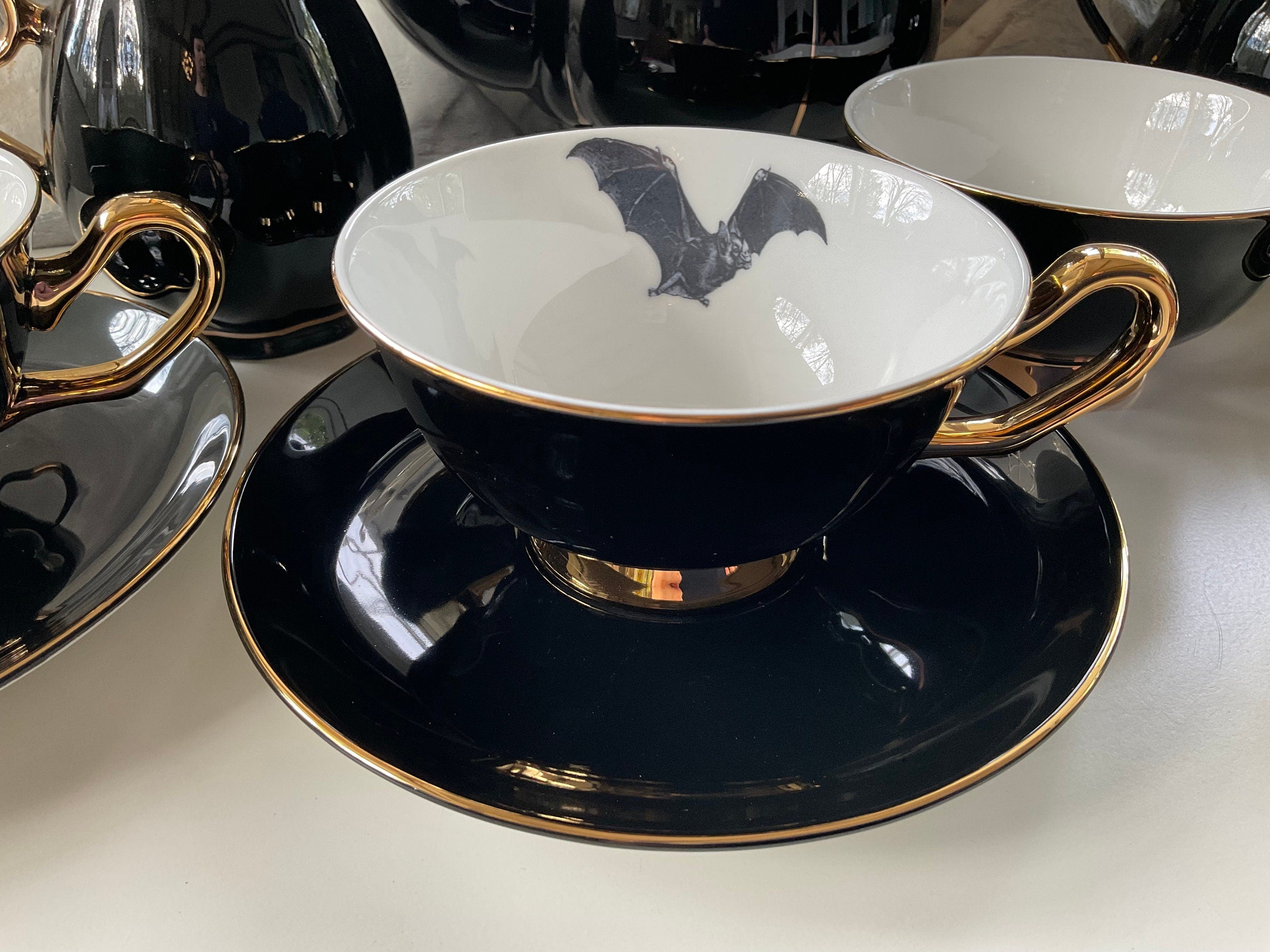 Black & Gold Halloween Tea Set with spoons, Bat/Cat/Crow/Moth design –  Angioletti Designs