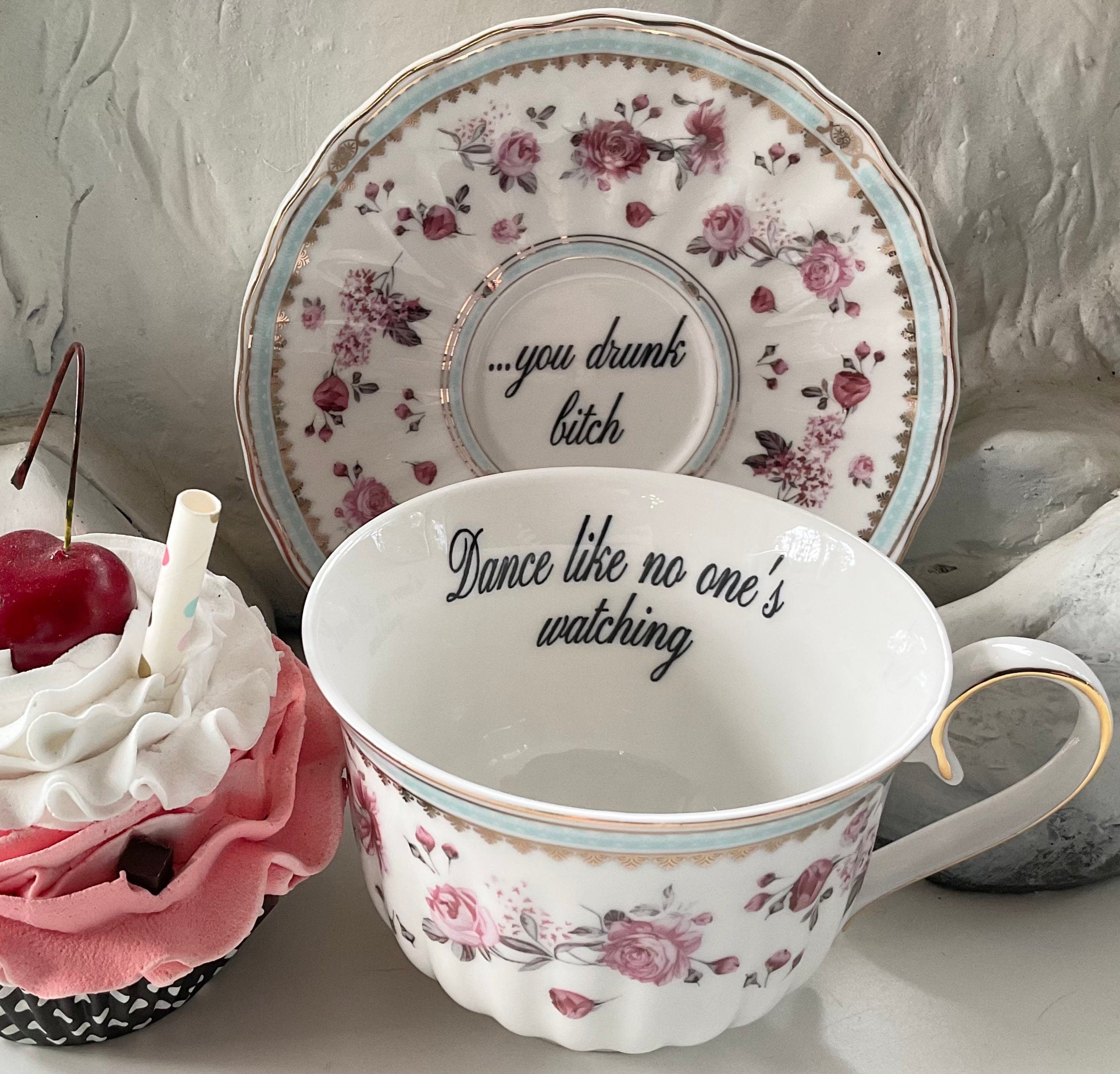 DanceeMangoo Simple Porcelain Cup & Saucer Set with Gold Spoon, 8 Oz  Vintage Style Ceramic Tea Cup Coffee Mug 