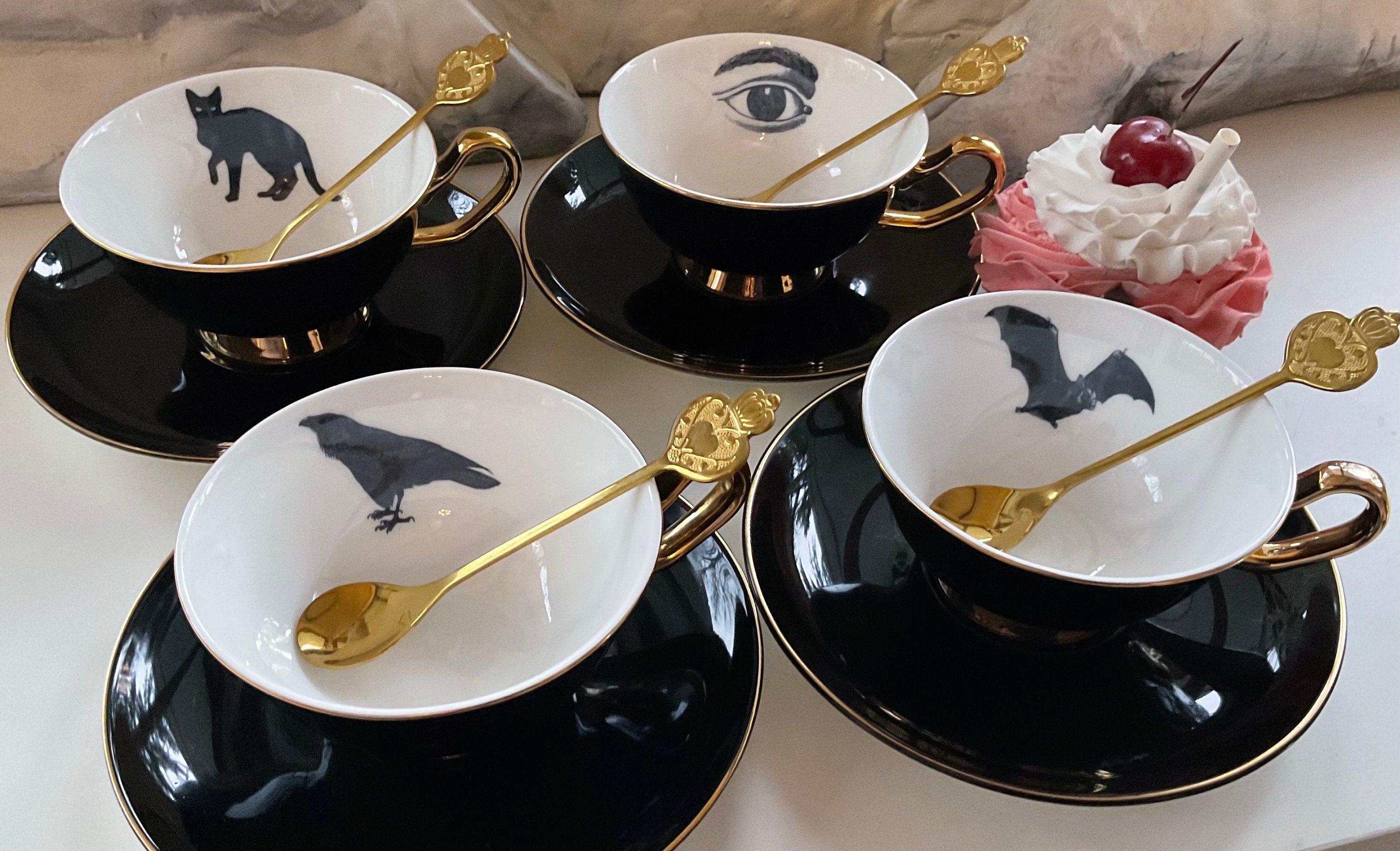 Black & Gold Halloween Tea Set with spoons, Bat/Cat/Crow/Moth design –  Angioletti Designs