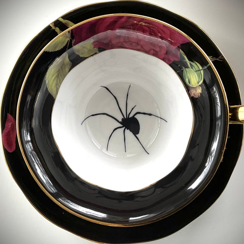 Black Rose Spider Teacup & Saucer, 8 oz, Porcelain