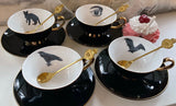 4 Teacup & Saucer Sets, Bat, Cat, Crow and Eye Design, 8 oz, Porcelain