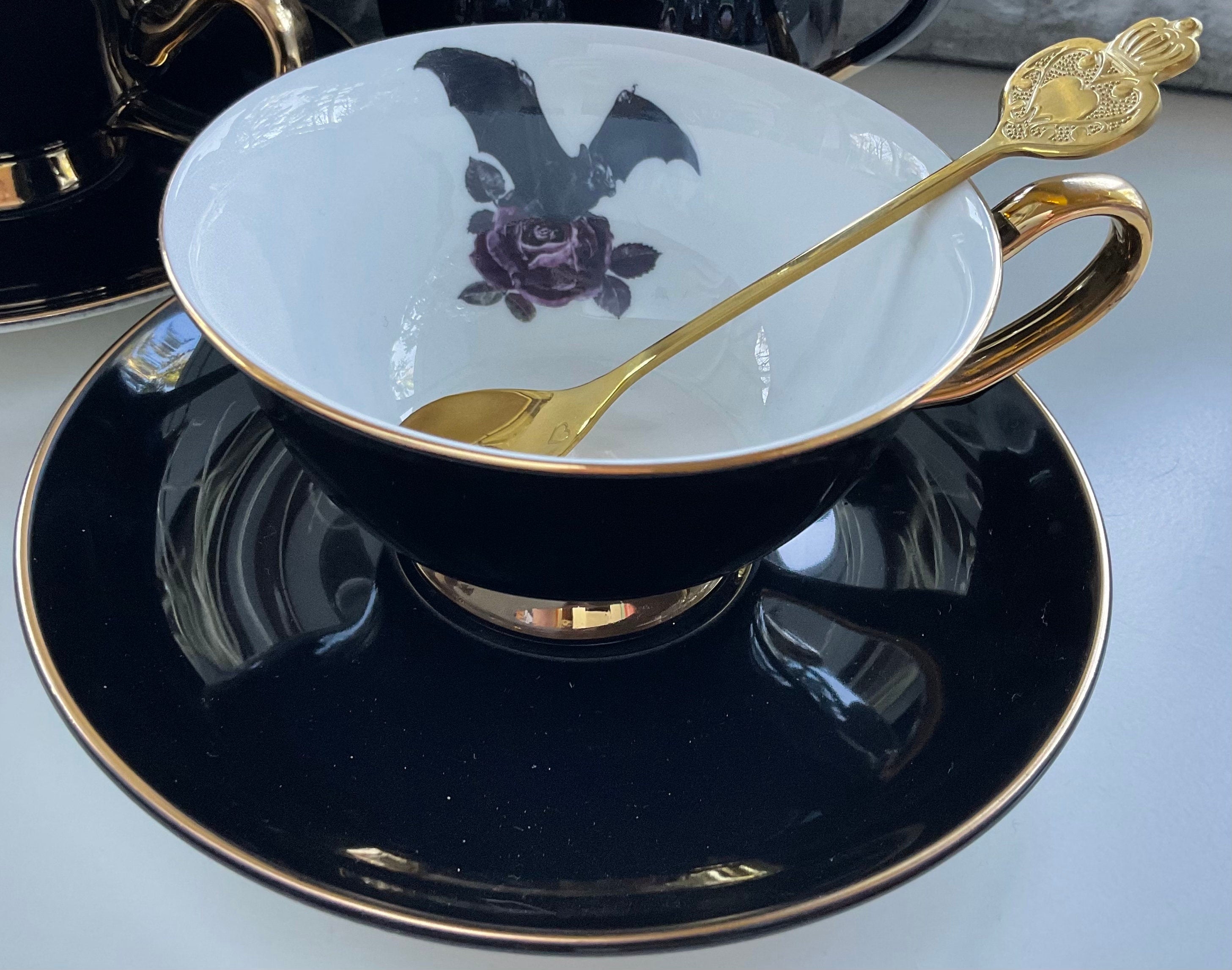 Black & Gold Halloween Tea Set with spoons, Bat/Cat/Crow/Moth design –  Angioletti Designs