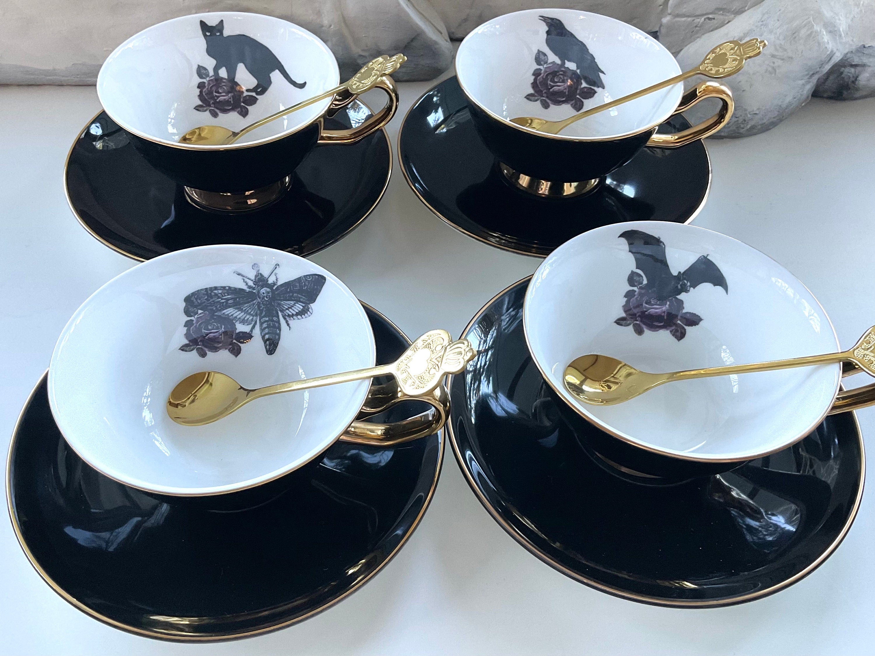 Black & Gold Halloween Tea Set with spoons, Bat/Cat/Crow/Moth design –  Angioletti Designs