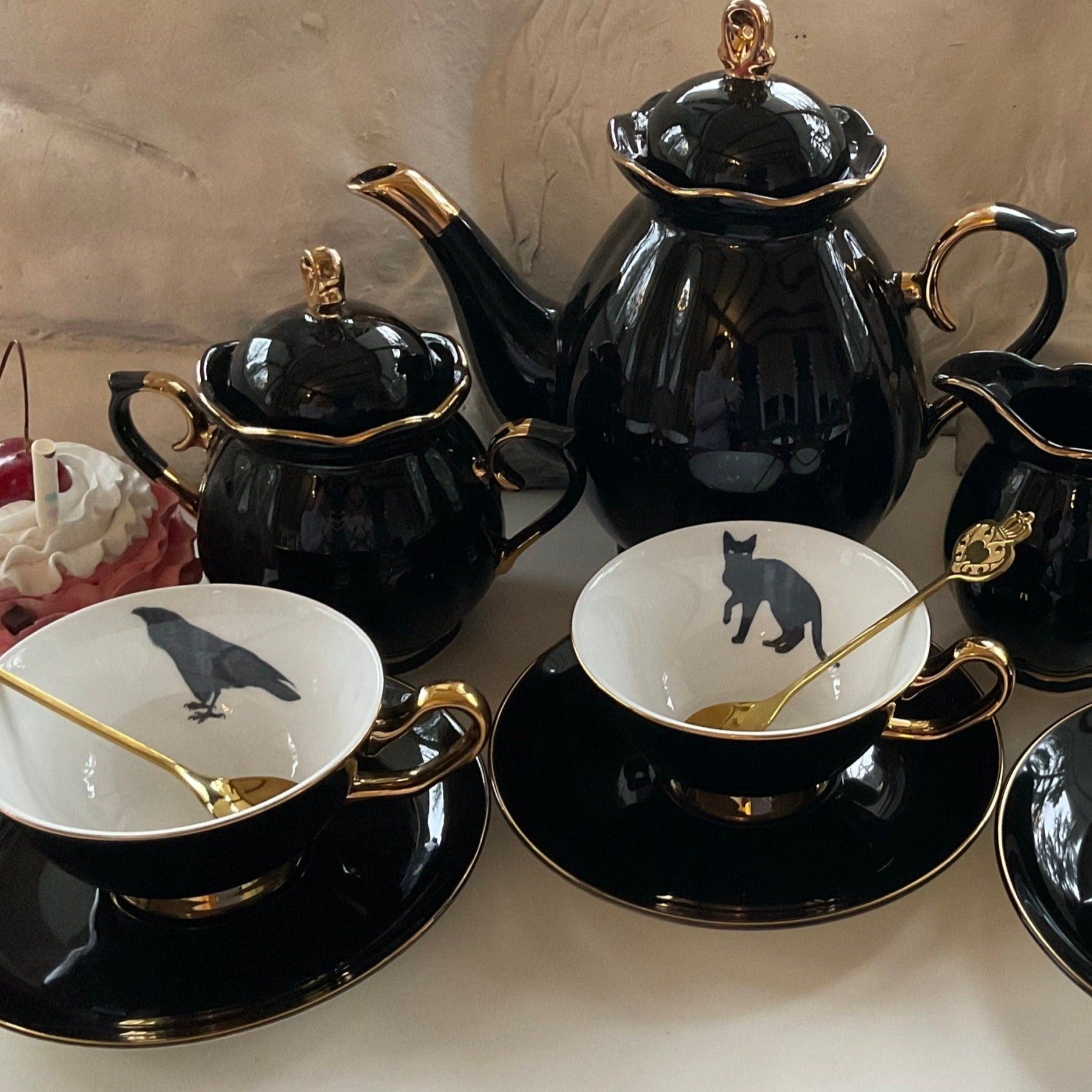 Black & Gold Halloween Tea Set with spoons, Bat/Cat/Crow/Moth