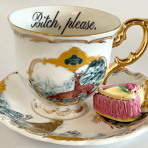 “Bitch please” Teacup & Saucer Set, 8 oz, Porcelain