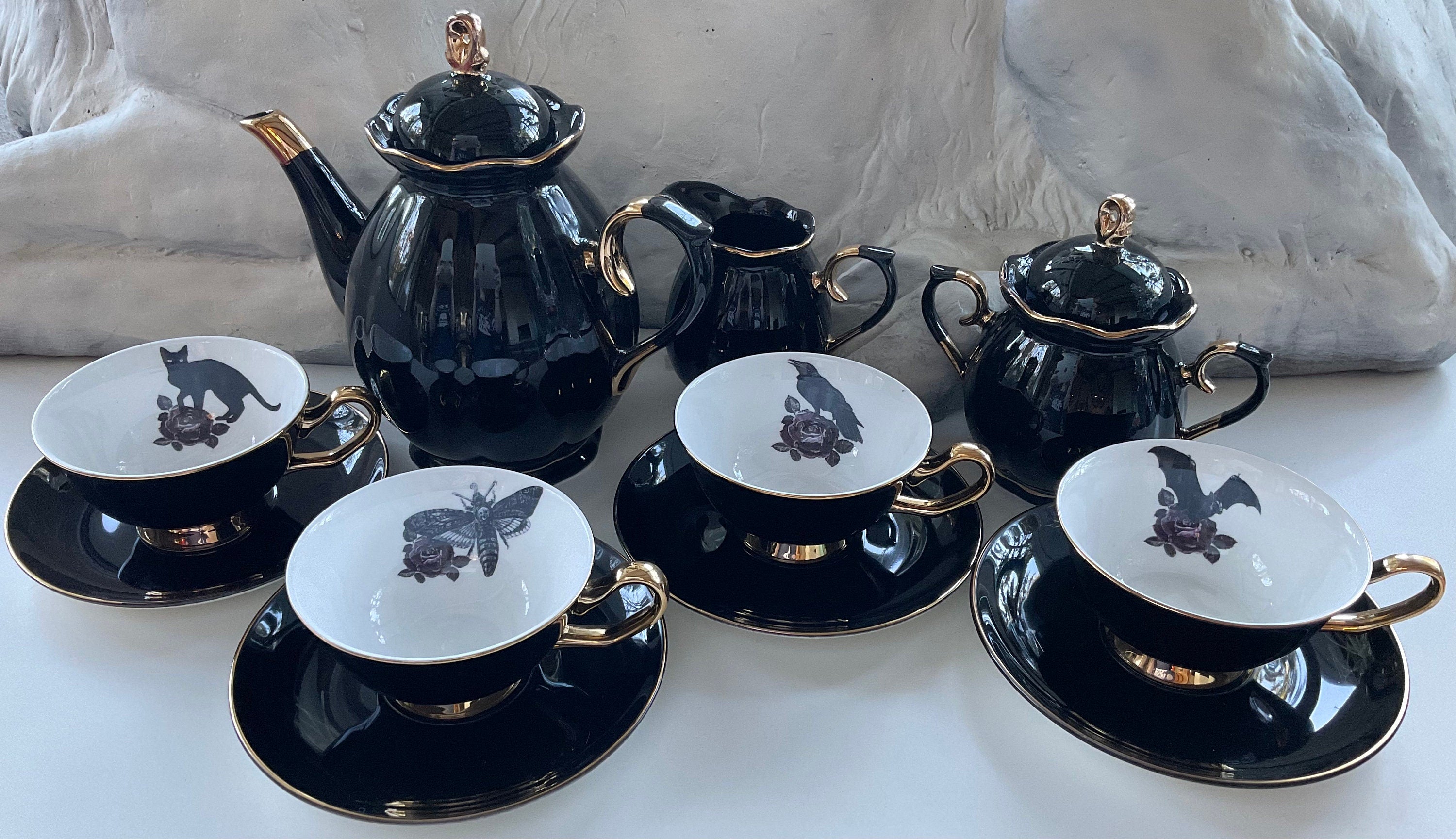 6 Piece Black Bat Tea Set Ceramic Halloween Decor Goth Pottery