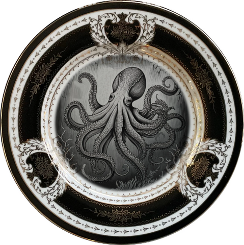 Black and Gold Octopus Plate or Cup/Saucer Set