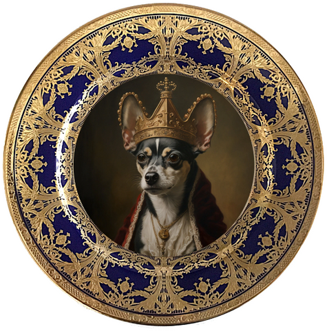 Beautiful Blue and Gold Chihuahua Plate, Vegan Bone China, 7.5"